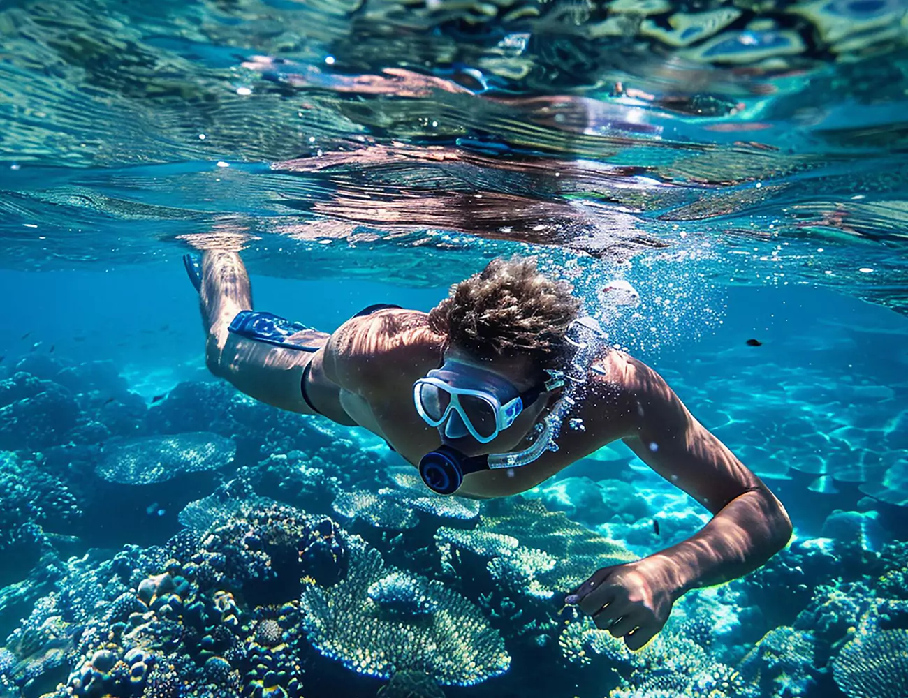 person snorkelling in clear blue ocean reef