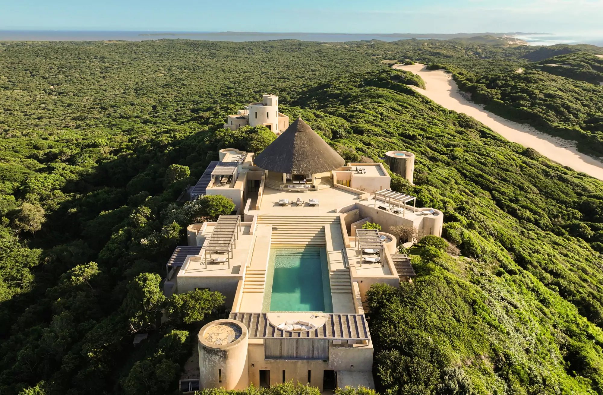 aerial view of matalai house nestled in mozambique's wild coastal bush